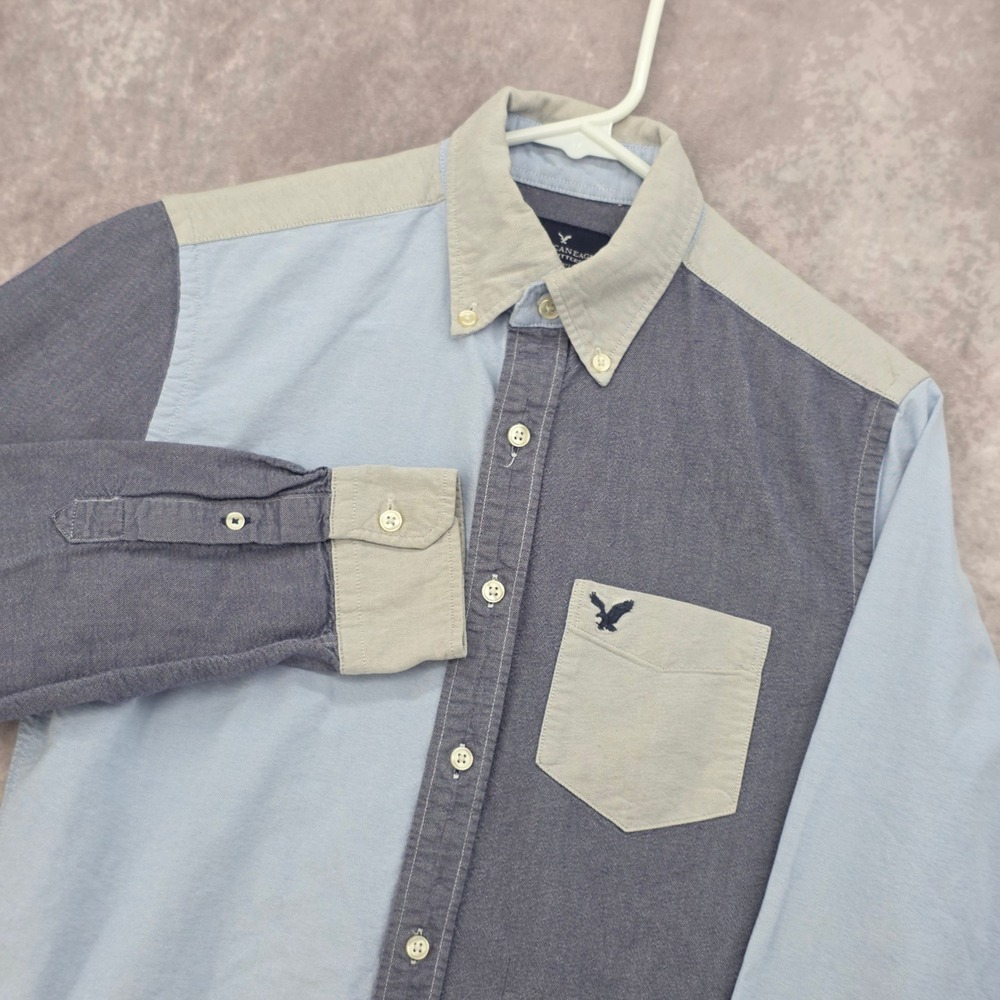 American Eagle Mens XS Colorblock Oxford Button Down Shirt Blue Grey Classic Fit